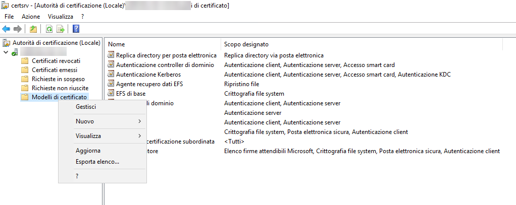 Console Autorità di certificazione: clic destro su Modelli di certificato > Gestisci