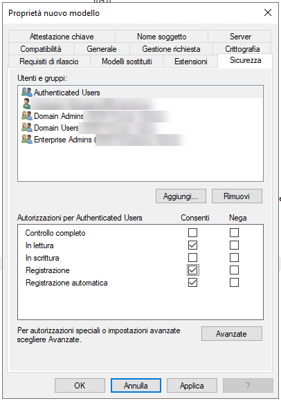 Nuovo modello, scheda Sicurezza: Authenticated Users con Lettura, Registrazione e Registrazione automatica