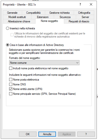 Nuovo modello, scheda Nome soggetto: costruito da Active Directory, nome comune e UPN nel nome soggetto alternativo