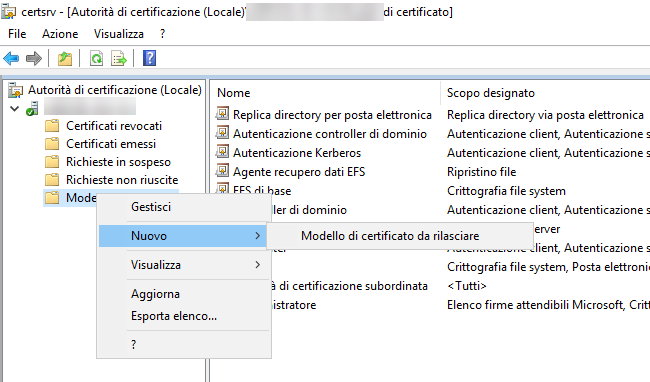 Console Autorità di certificazione: Modelli di certificato > Nuovo > Modello di certificato da rilasciare