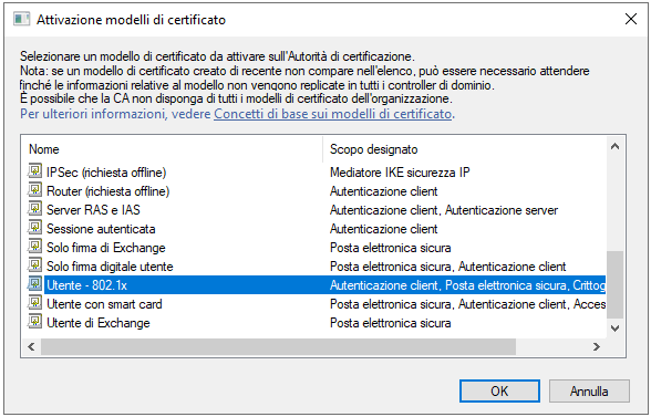 Finestra Attivazione modelli di certificato con il modello Utente - 802.1x selezionato