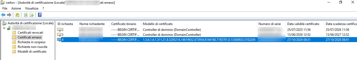 Console Autorità di certificazione, Certificati emessi: il certificato utente rilasciato tramite il nuovo modello