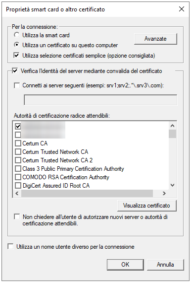 Proprietà smart card o altro certificato: certificato su questo computer, convalida del server e CA radice attendibile selezionata