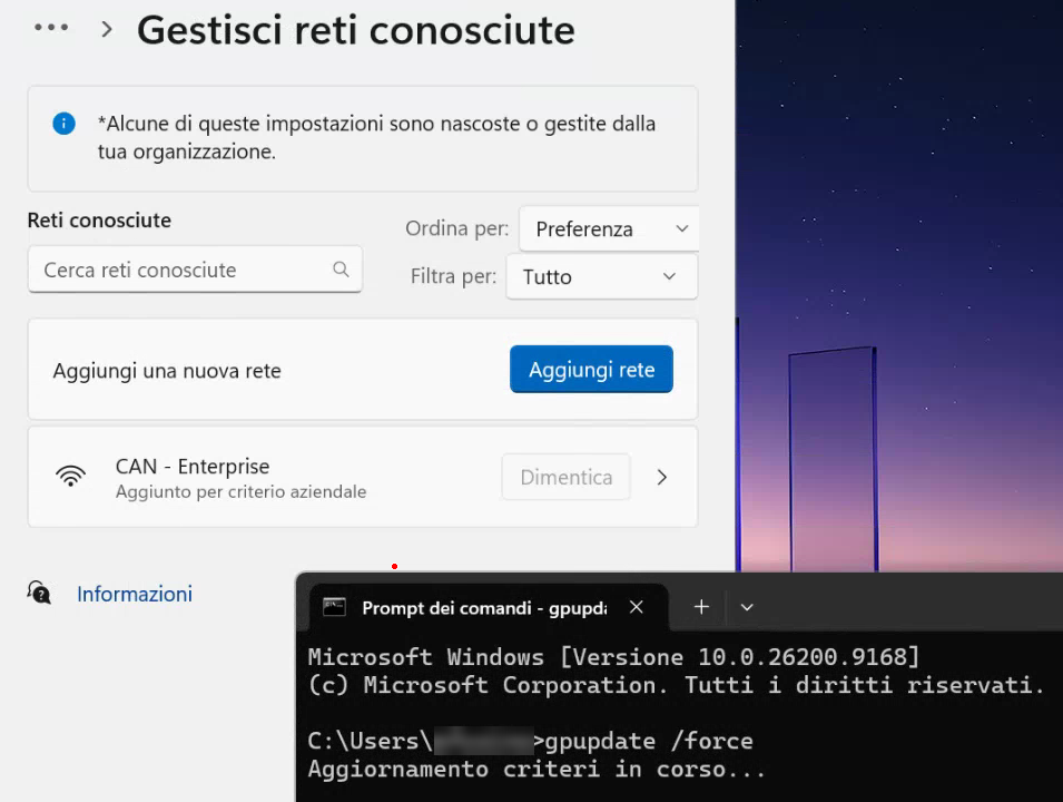 Client Windows 11: rete aggiunta per criterio aziendale dopo gpupdate /force