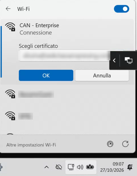Client Windows 11: prima connessione con richiesta di scelta del certificato utente