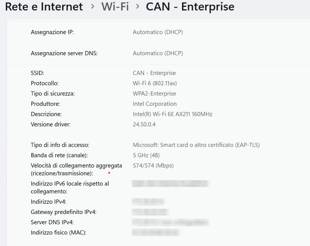 Client Windows 11: proprietà della rete Wi-Fi con tipo di accesso Smart card o altro certificato (EAP-TLS)