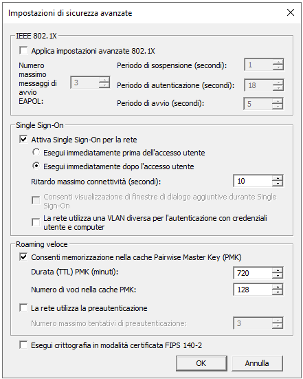 Impostazioni avanzate 802.1X: Single Sign-On impostato su Esegui immediatamente dopo l'accesso utente