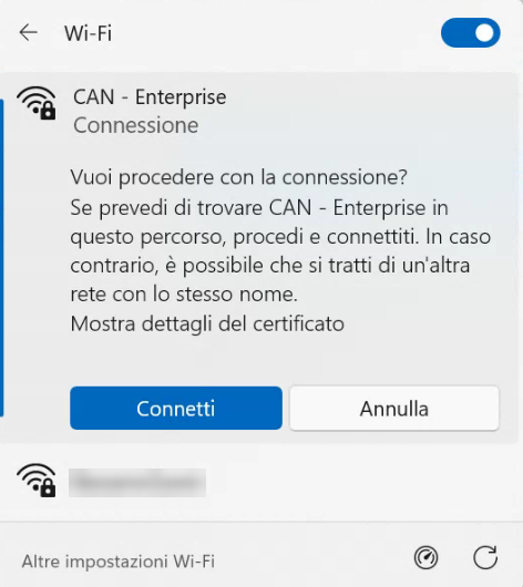 Avviso di Windows: Vuoi procedere con la connessione? mostrato quando la CA del server RADIUS non è considerata attendibile