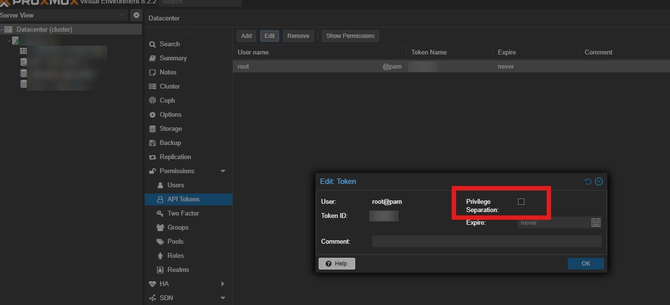 Proxmox VE, Datacenter > Permissions > API Tokens: token di root@pam con Privilege Separation disattivata