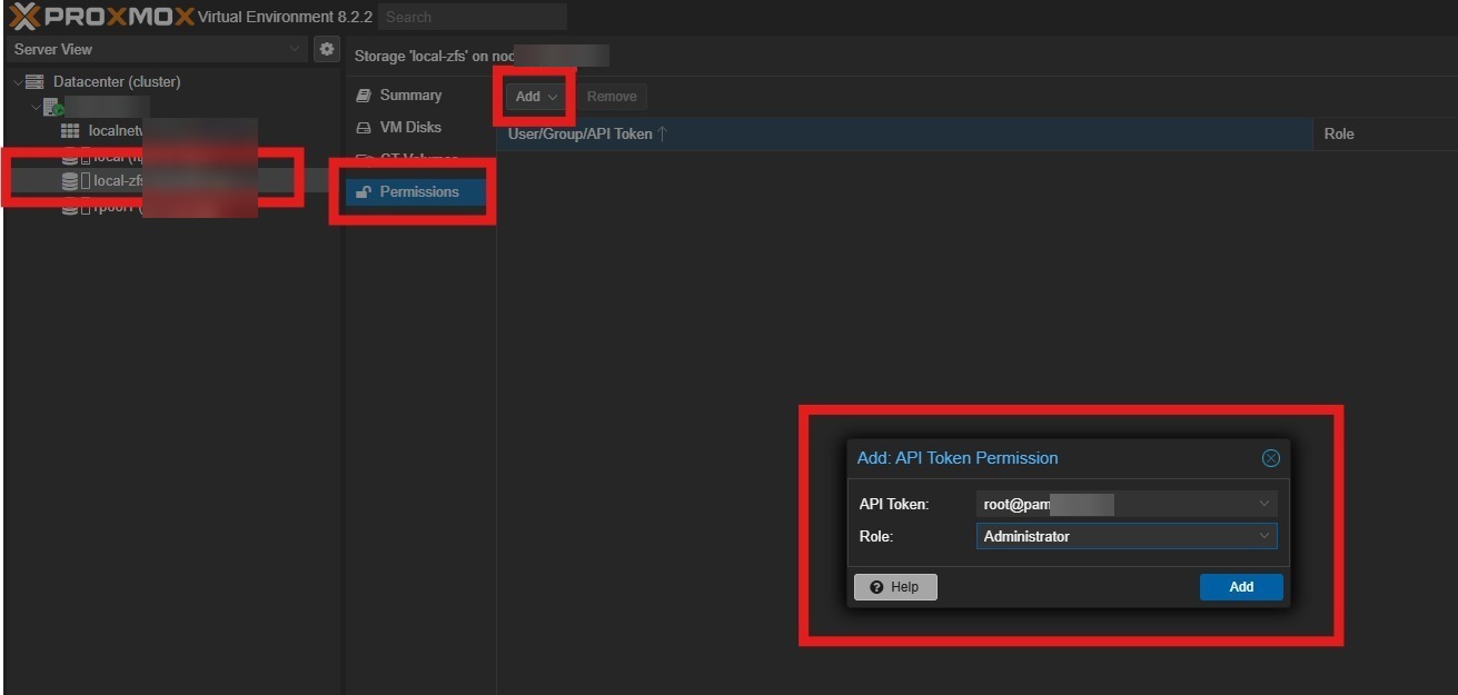 Proxmox VE, finestra Add API Token Permission con il token e il ruolo Administrator
