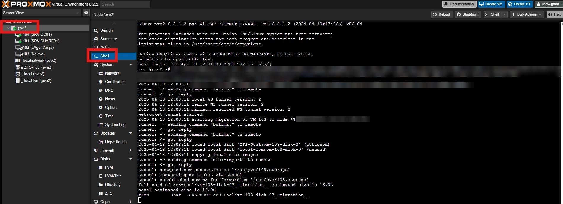 Shell del nodo sorgente con l'output di qm remote-migrate: tunnel websocket e copia dei dischi della VM