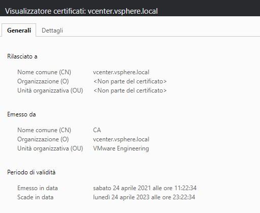Visualizzatore certificati del browser con il certificato Machine SSL del vCenter e il periodo di validità