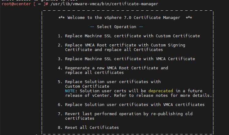 Menu di vSphere Certificate Manager con le otto operazioni disponibili