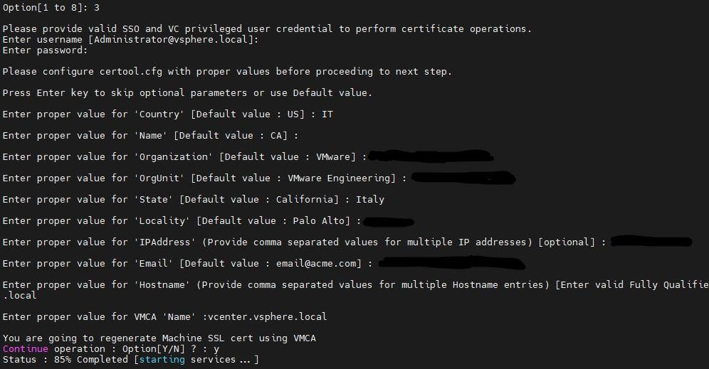 Certificate Manager, opzione 3: credenziali SSO, valori di certool.cfg e conferma della rigenerazione